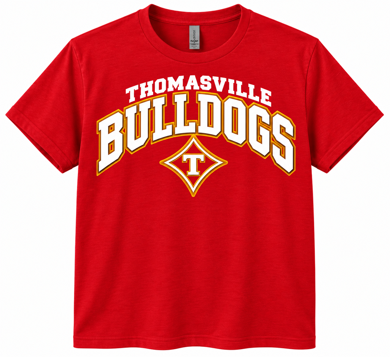 Red Thomasville Bulldogs Varsity T-Shirt Mockup.png