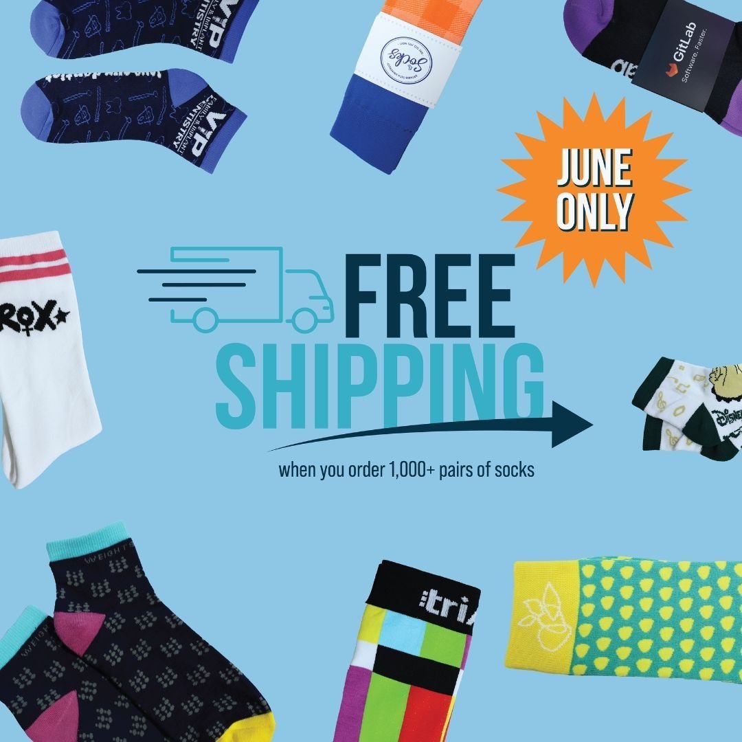 🚨 June Promo Alert! 🚨 

Order 1,000+ pairs of socks and enjoy FREE shipping! 📦 Plus, get free 24-hour mockups and a speedy 3-4 week production time. Don&rsquo;t miss out &ndash; place your orders now! 🧦✨ 

#FreeShipping #JunePromo #customsocks #p