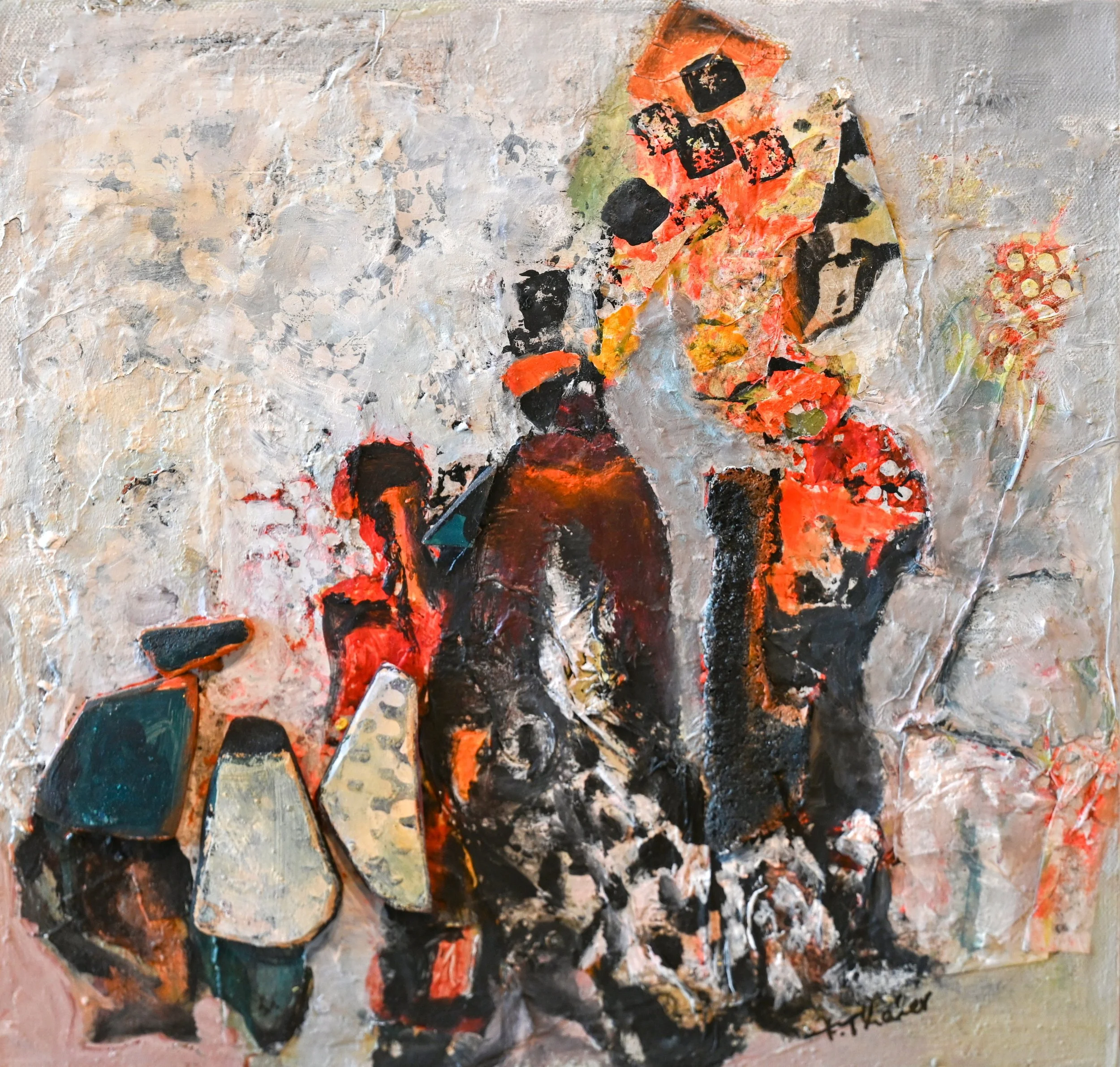 "König mit Gefolge" - Friederike Thaler, Acryl, Reliefartige Collage, 40 x 40 cm (Nr.41)