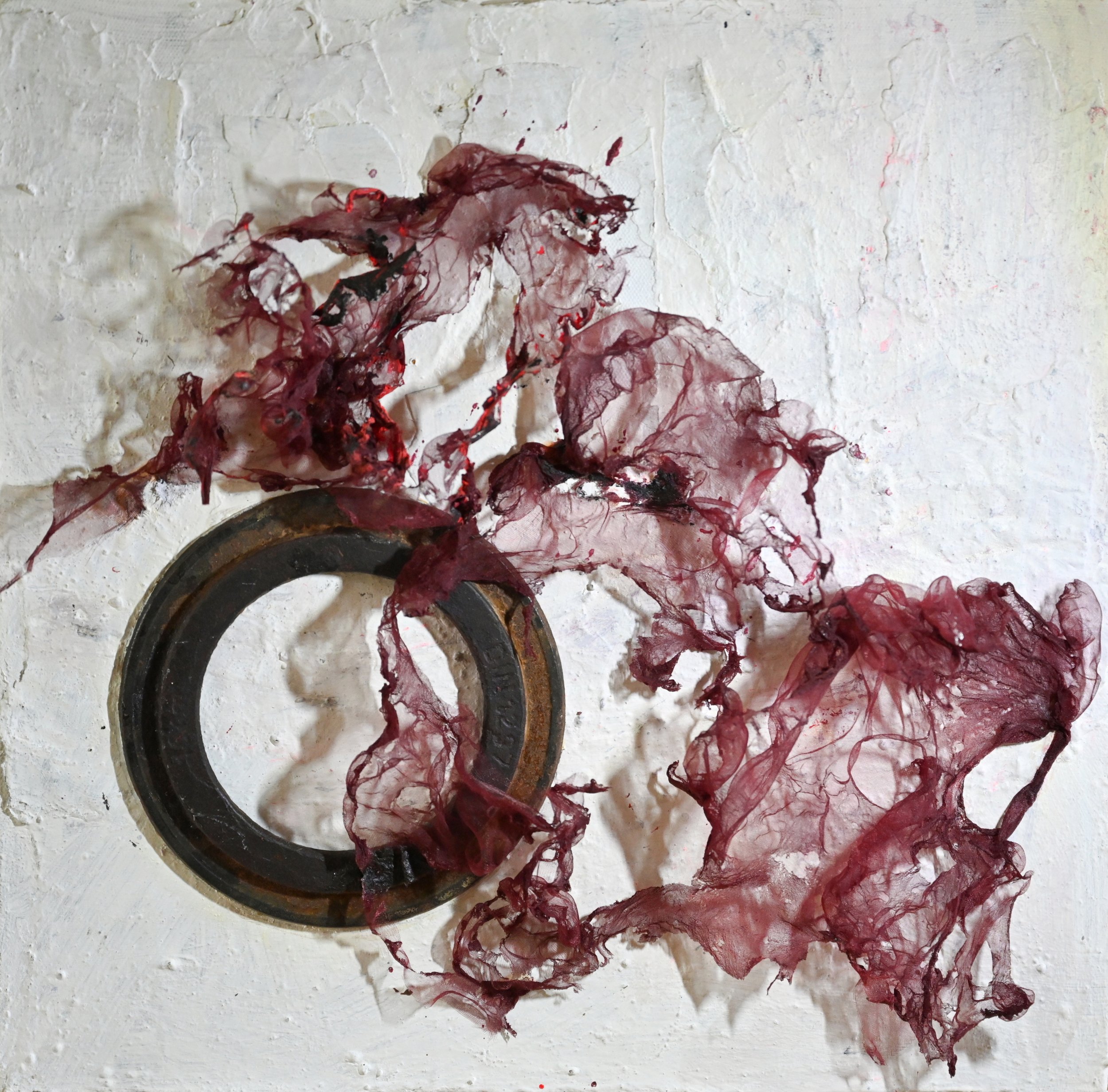 Friederike Thaler, Collage Eisen + Tüll auf Leinwand (bei seitlichem Lichteinfall), 40 x 40 cm (Nr.61)