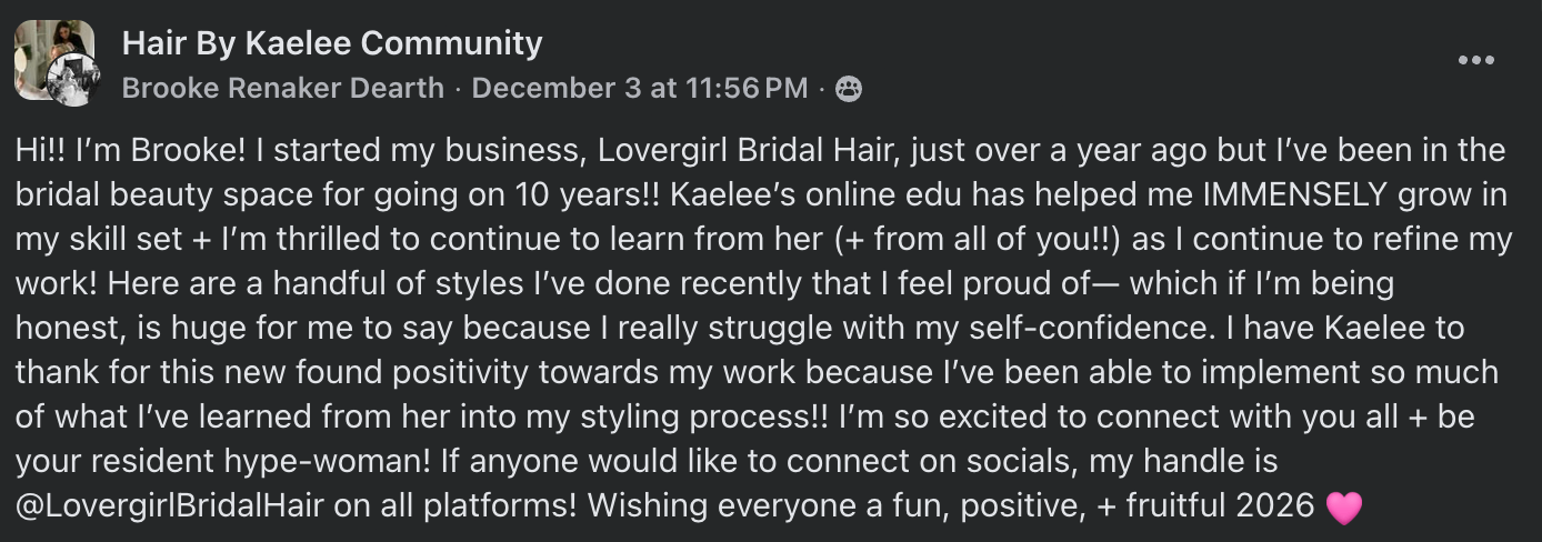 Facebook post from Brooke Renaker Dearth in the Hair By Kaelee Community group, expressing her gratitude for Kaelee's online education and styling influence in her bridal hairstyling journey.