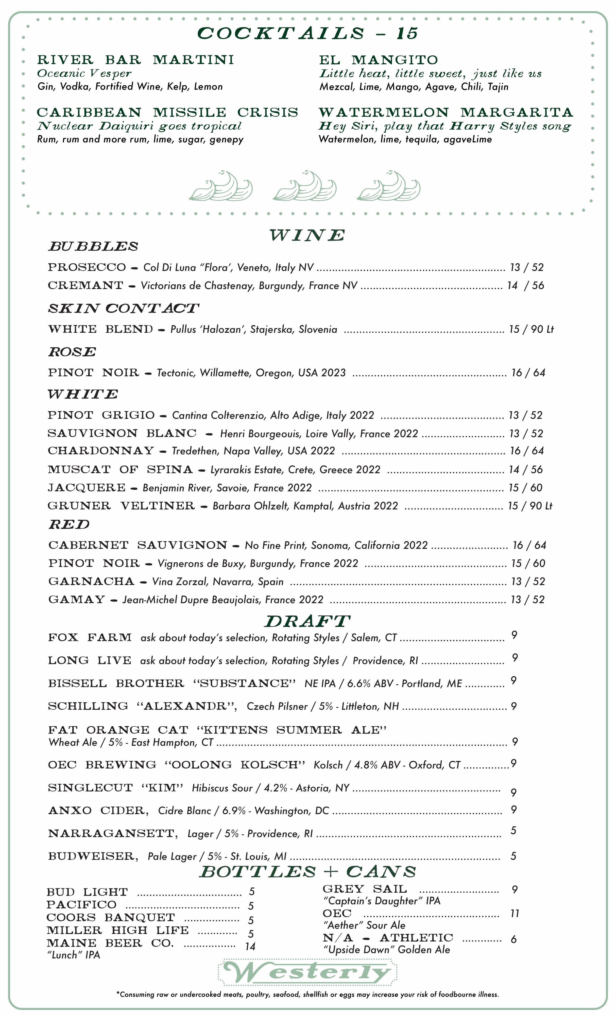 menu for top of the river with prices