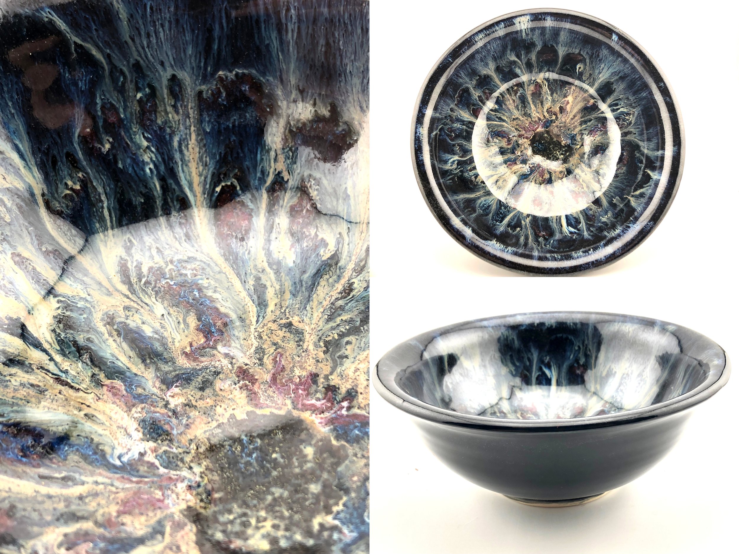 Ceramic bowl with intricate glaze design, three views: top, side, and close-up, showcasing blue and beige swirling patterns.