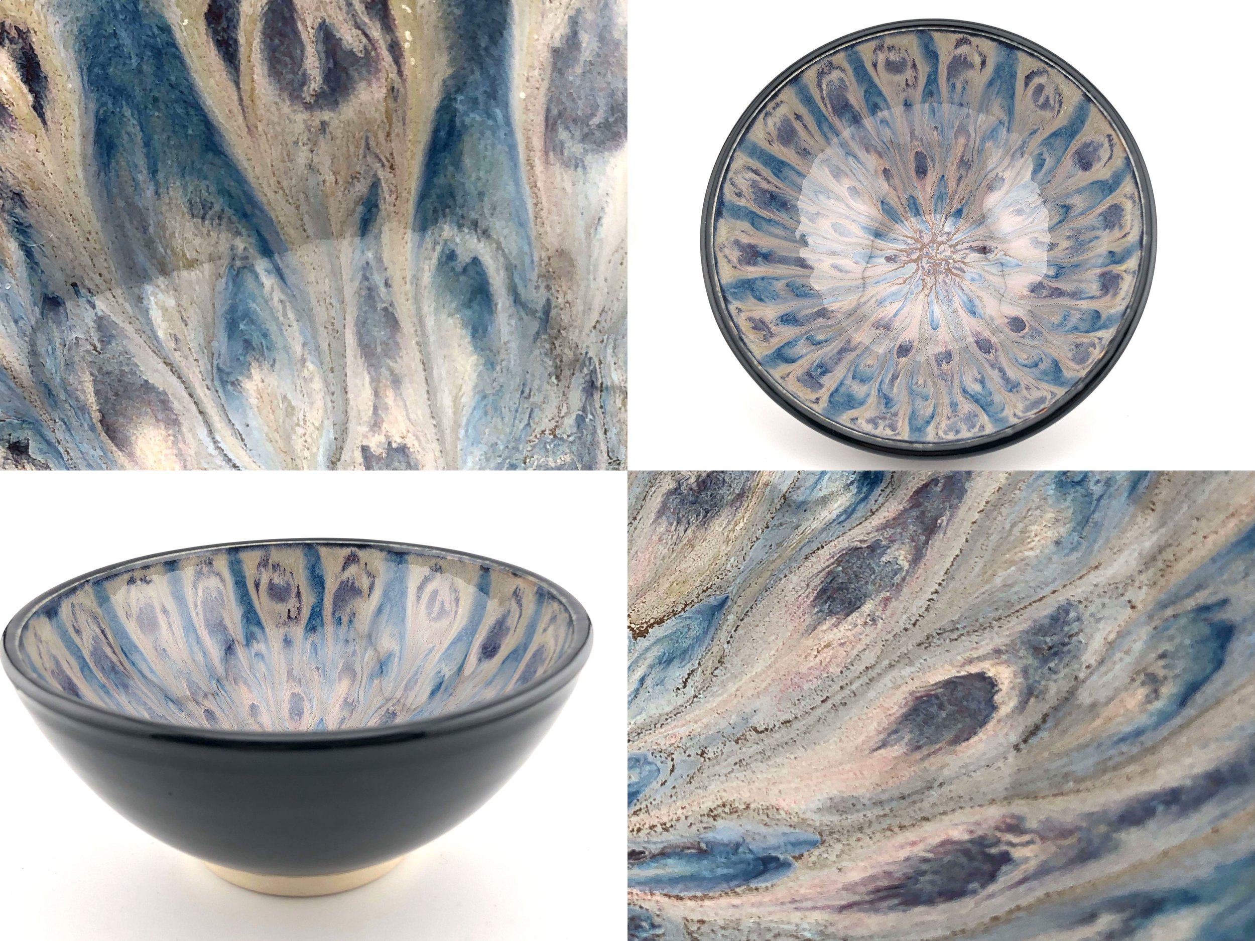 Ceramic bowl with intricate blue and beige pattern, viewed from different angles.