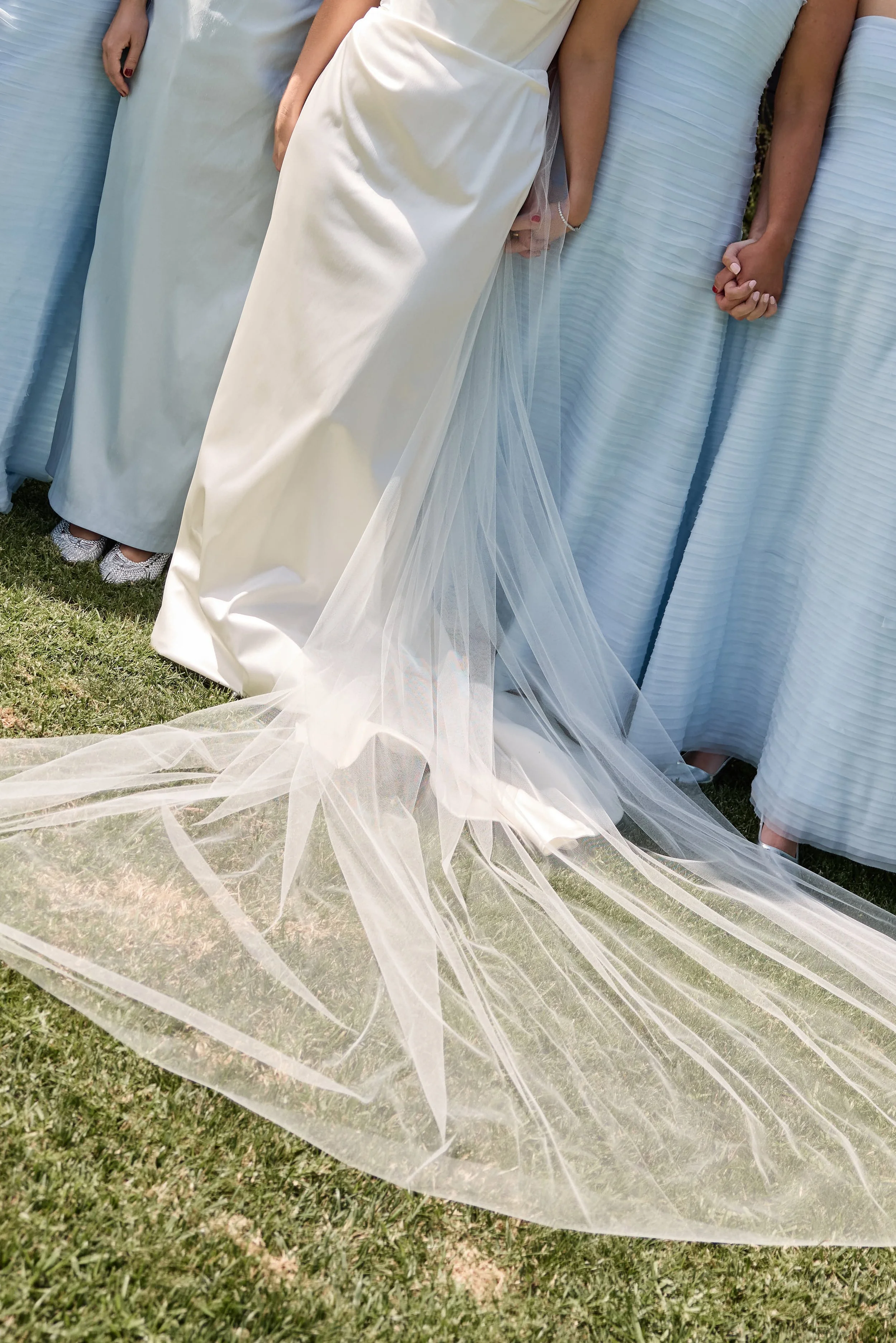 Bride and bridesmaids holding hands, standing on grass outside, wearing formal dresses, with the bride's veil flowing on the ground.