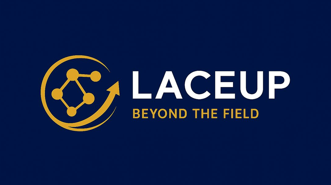 LaceUp logo with a stylized molecular structure and the text 'LACEUP BEYOND THE FIELD' on a dark blue background.