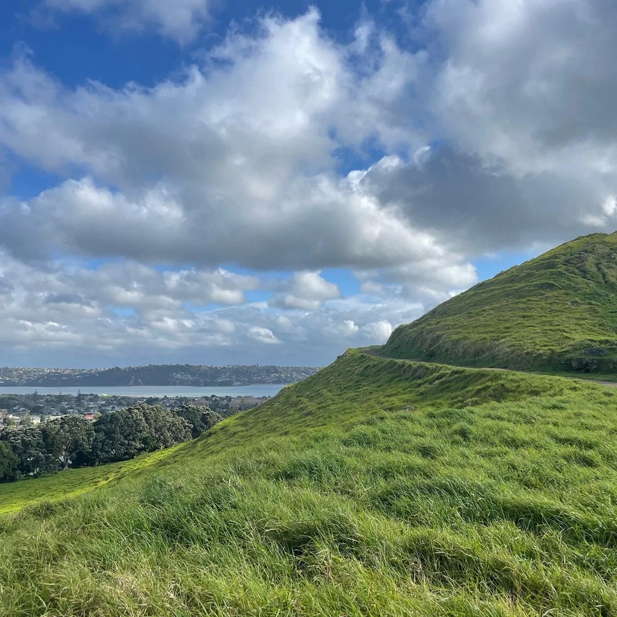 Sunny cloudy day in Māngere, Auckland, with grass on mountain