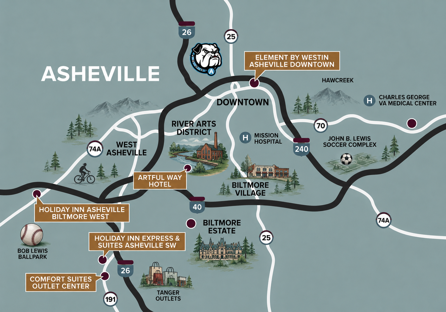 Map of Asheville, North Carolina, highlighting downtown, neighborhoods, parks, and attractions like Biltmore Estate, hospitals, and hotels, with roads and route markers.