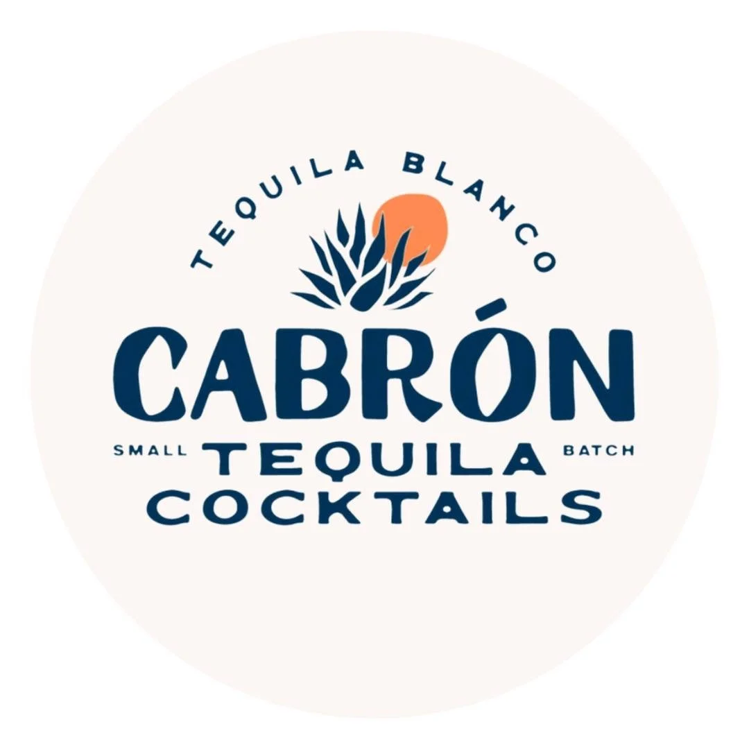 Logo reading 'Cabrón Tequila Blanco Small Batch Tequila Cocktails' with a stylized agave plant and sun.