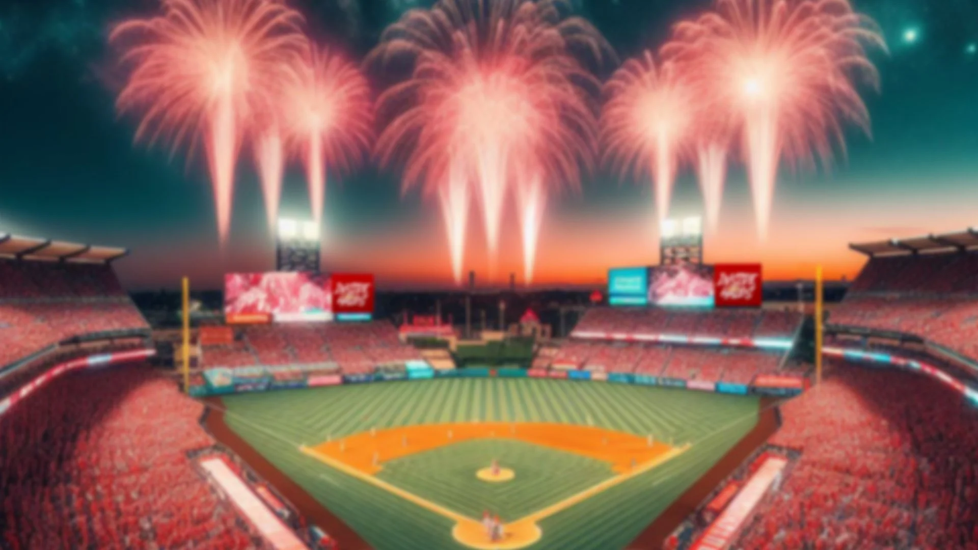 Fireworks over a baseball stadium during sunset, with empty seats and digital billboards around the field.