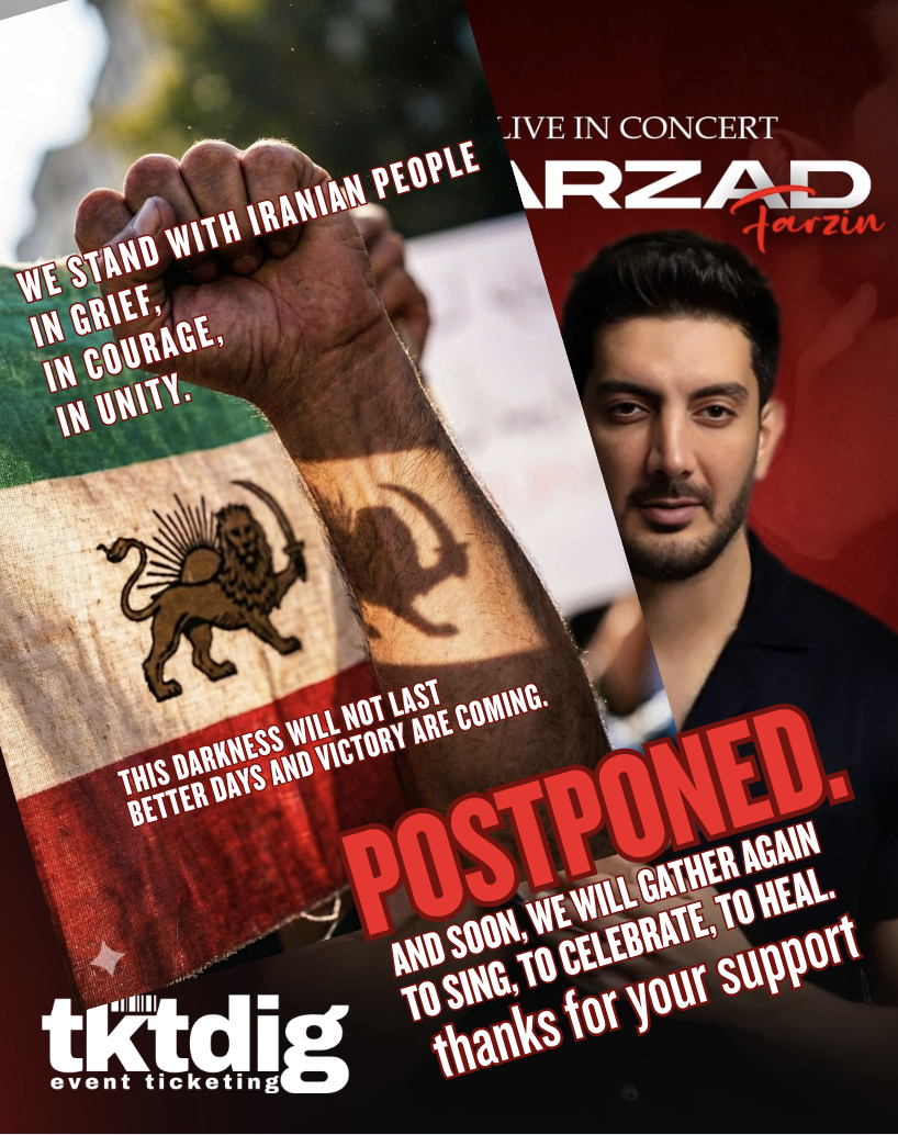 Poster promoting a live concert by Farzad Farzin on February 13th in Perth, with ticket information from TKT Dig.