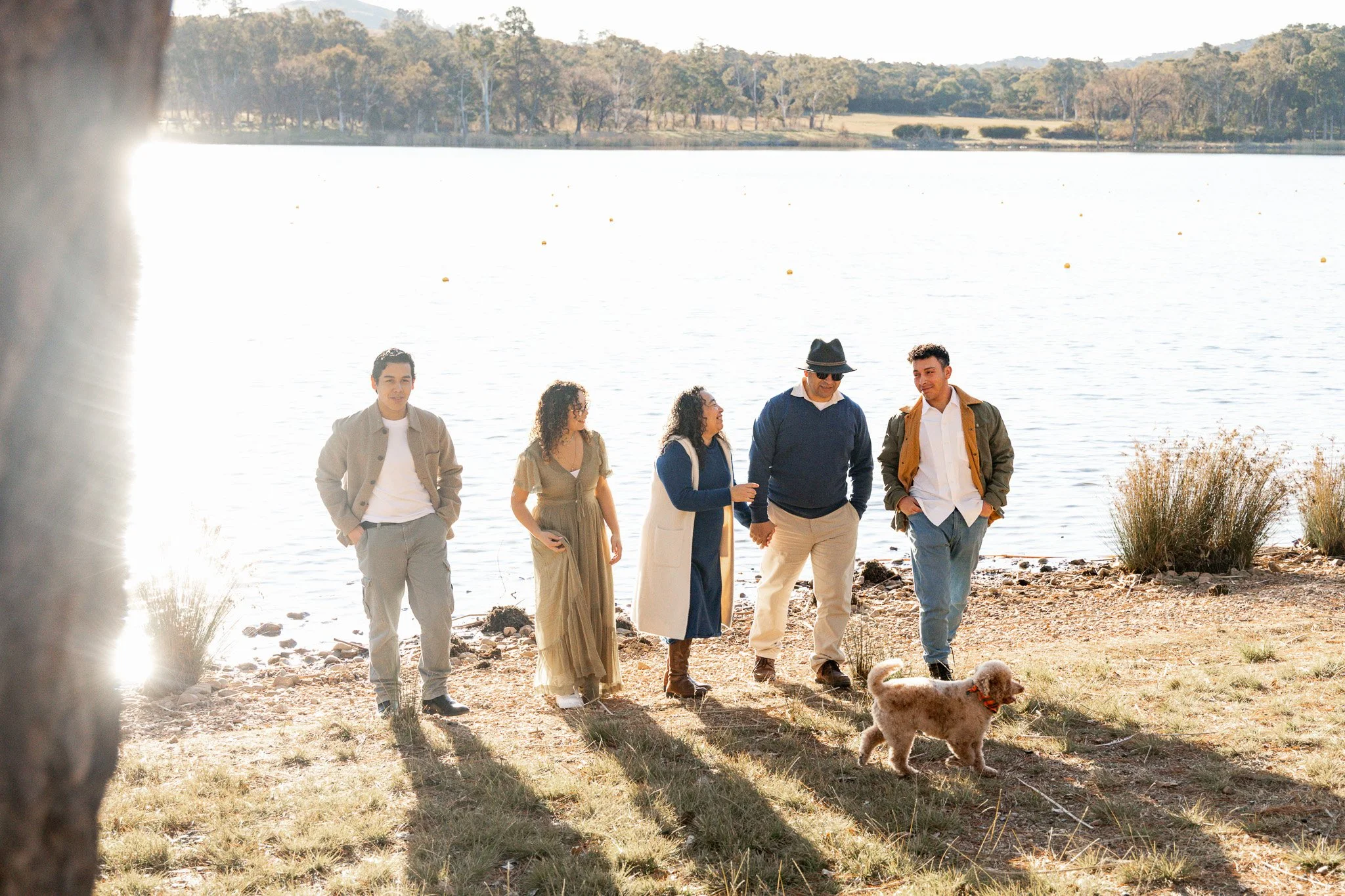 Family walking towards a camera with sunset behind their back with family dog
