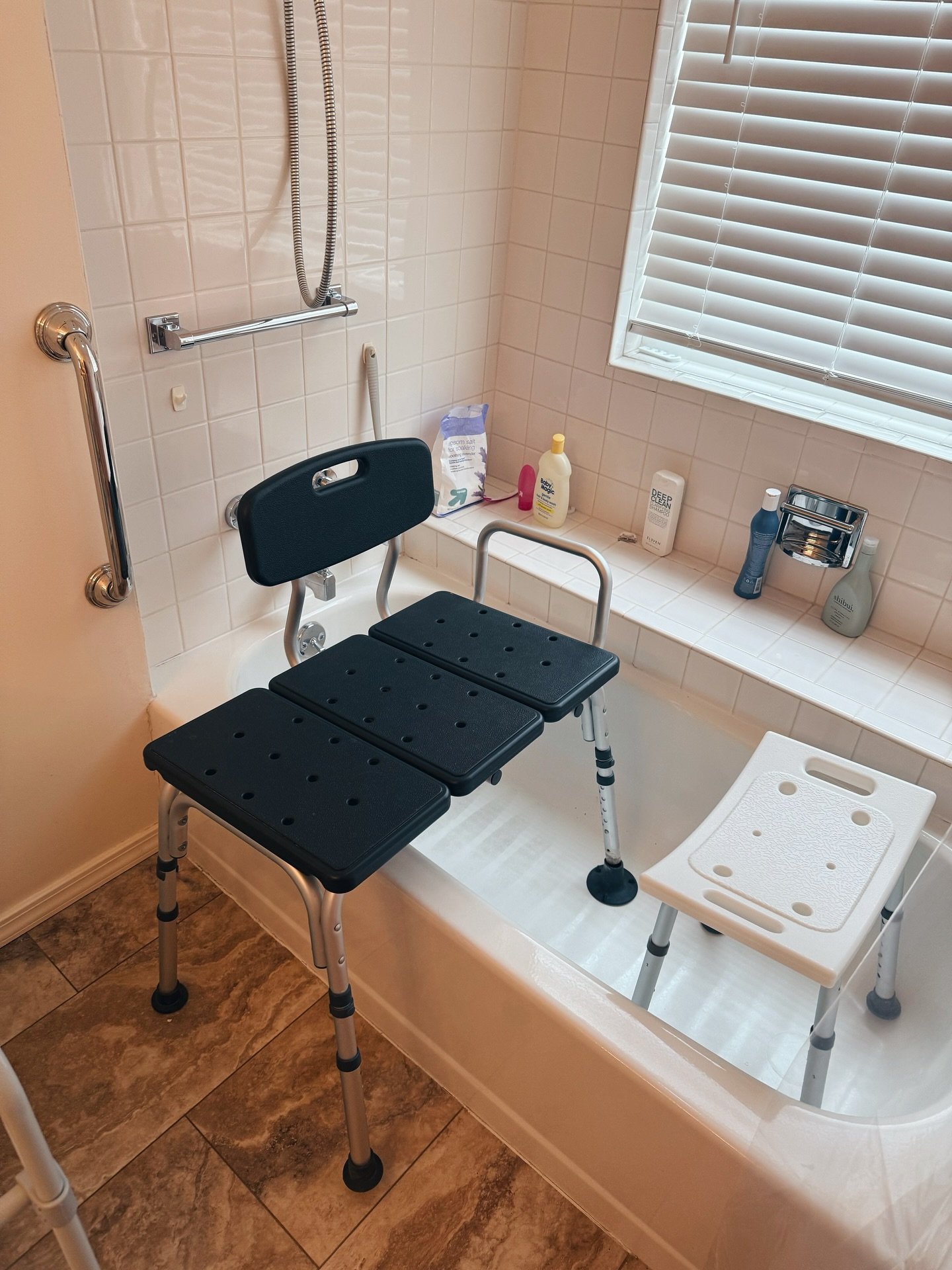 While I can sometimes manage a quick shower standing up, this setup makes all the difference on tough leg days&mdash;or when I simply don&rsquo;t want to rush. I use a transfer bench to sit safely, a smaller bath stool for my feet, and a grab bar for
