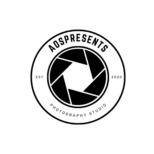 Logo for AOS Presents Photography Studio, established in 2020, featuring a camera shutter icon in the center.