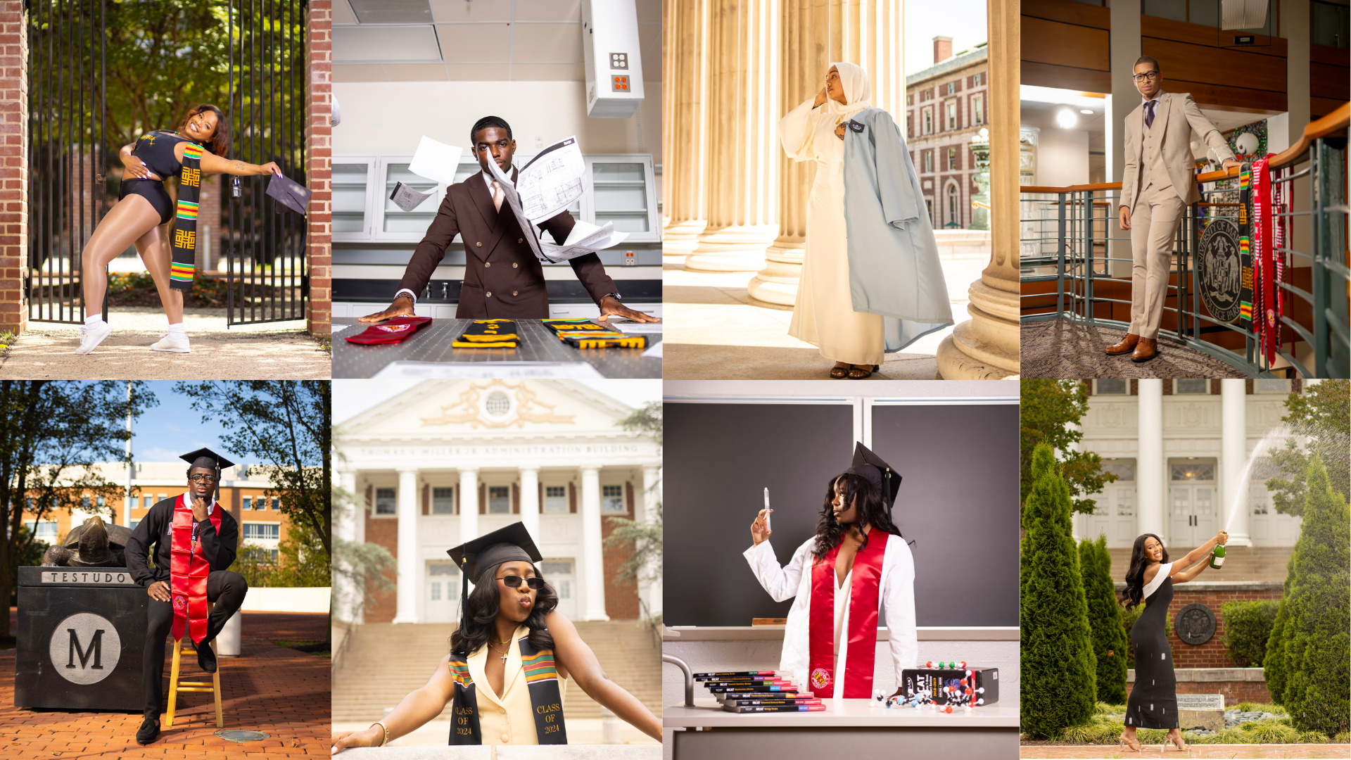 Collage of nine graduation photos featuring students in caps and gowns at various outdoor and indoor locations, celebrating their academic achievement.