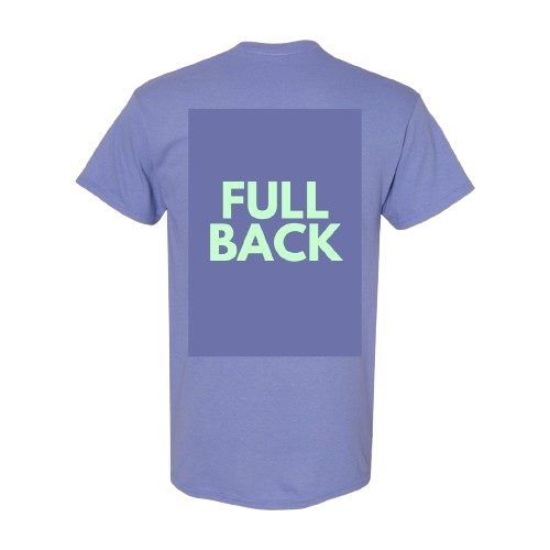 Purple t-shirt with 'FULL BACK' printed on the back