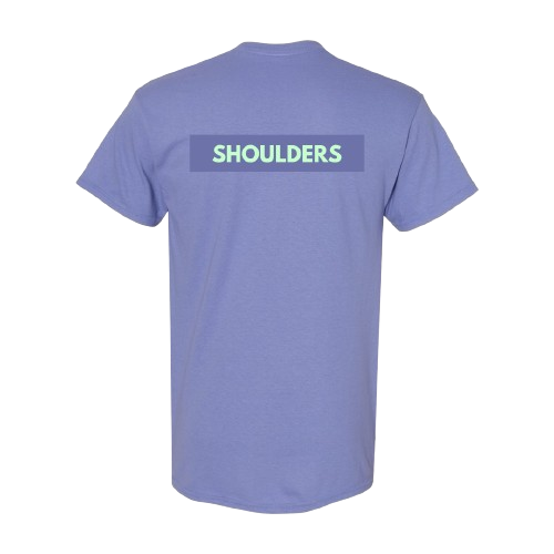 Back of a purple T-shirt with 'SHOULDERS' printed in green letters on a dark rectangular background.