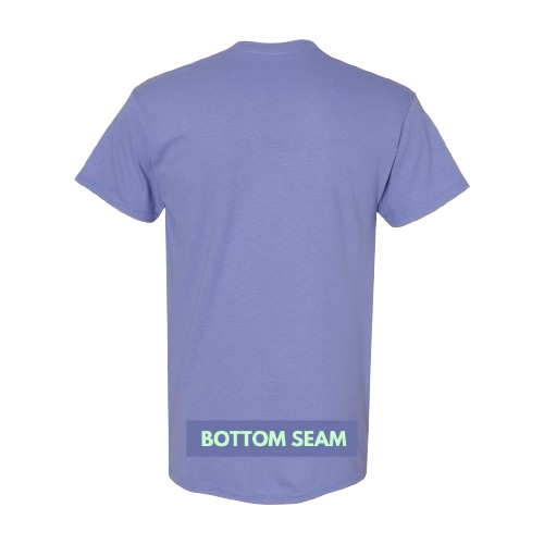 Back view of a plain purple T-shirt showing the bottom seam labeled.