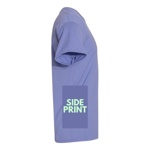 Side view of a short-sleeve blue t-shirt with text "SIDE PRINT" in a bold rectangle on the side.