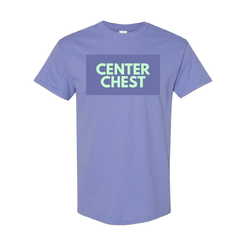 Purple t-shirt with "CENTER CHEST" text design