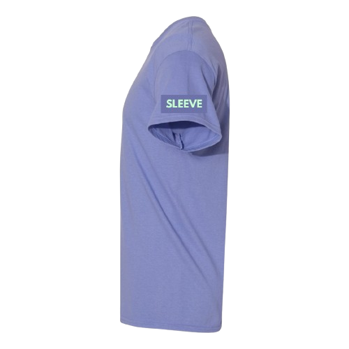 Side view of a purple t-shirt with the word 'sleeve' printed on the sleeve.