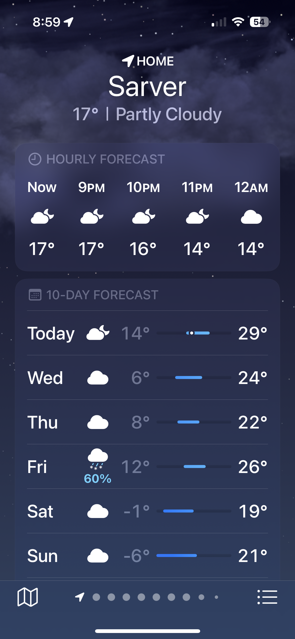 Weather app showing cold temperatures and cloudy skies during a Western Pennsylvania winter