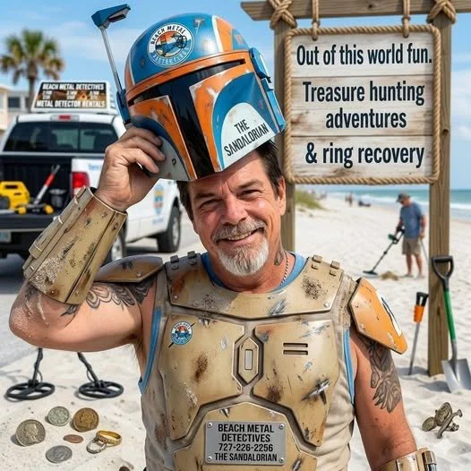 Man dressed as a Mandalorian from The Mandalorian, wearing armor and holding a helmet, on a beach with a wooden sign promoting treasure hunting adventures and ring recovery, surrounded by metal detecting equipment and coins.