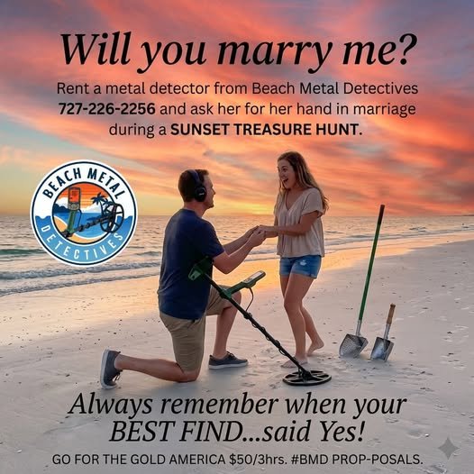 A man proposing to a woman on the beach during sunset, with shovels in the sand and a metal detector nearby, advertising Beach Metal Detectives for a marriage proposal.