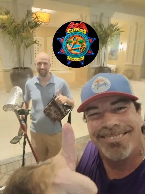 Two men smiling indoors, one in a blue shirt holding a metal detector, and the other wearing a baseball cap and giving a thumbs-up. A circular badge featuring a patrol badge with palm trees and the words 'Detective' and 'Beach Metal Detecting' is above them.