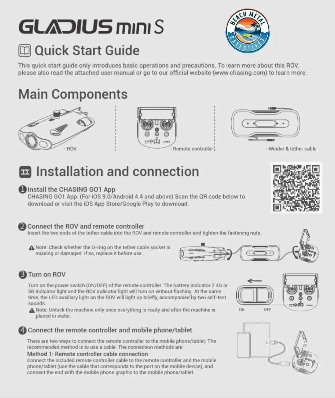 Quick start guide for the Gladius Mini S, a remote operated underwater vehicle (ROV). The guide includes illustrations of main components such as the ROV, remote controller, and winder & tether cable, along with step-by-step instructions for installation, connection, powering on, and connecting to a mobile device.