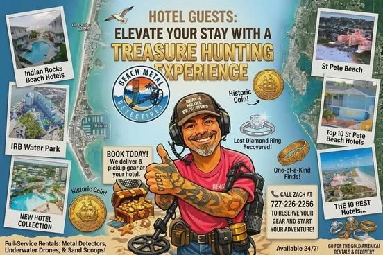 A promotional poster for beach metal detector adventures featuring a smiling man with tattoos and a metal detector. The poster highlights locations like Indian Rocks Beach Hotels, IRB Water Park, St. Pete Beach, and Top 10 St. Pete Beach Hotels. It includes images of beaches, a treasure chest, and coins, emphasizing a treasure hunting experience with a historic coin and a diamond ring found. The poster advises booking with a phone number and mentions 24/7 availability.