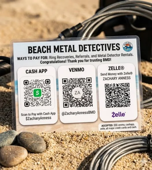 A sign for beach metal detector rentals and payment options, including Cash App, Venmo, and Zelle, placed on the sand with rocks and cables nearby.