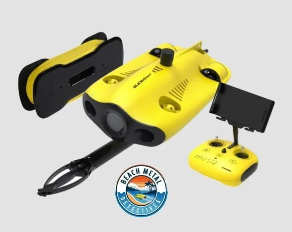 Yellow underwater drone with remote control and carrying case, branded by Beach Metal Detectives.