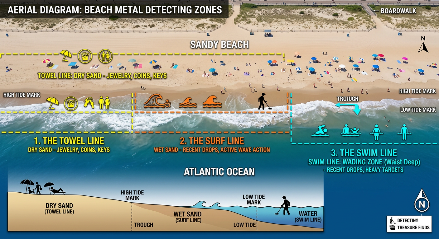Aerial diagram of beach metal detecting zones showing dry sand, wet sand, and water detection areas with labels, icons for treasure hunting, and tide marks.