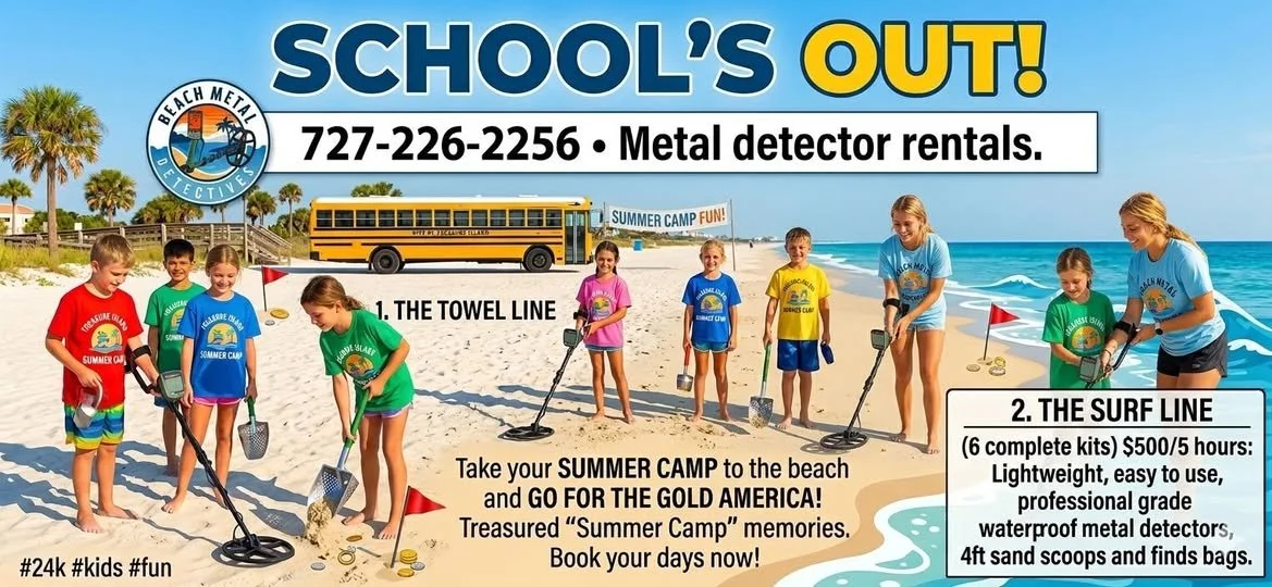 Children on the beach participating in a treasure hunt with metal detectors during summer camp, with a school bus and palm trees in the background.