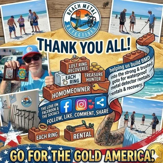 A collage of images with a central message of thanks, showing beach scenes with people fishing and walking, a man holding a badge, and signs referencing reconnecting with loved ones and building trust through metal detector rentals and recoveries. The logo of Beach Metal Detectives is at the top, along with social media icons and a gold medal.