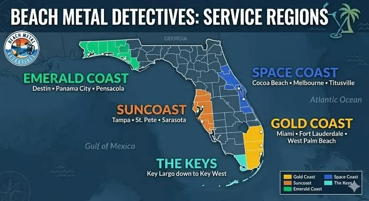 Map of Florida showing service regions for Beach Metal Detectives: Emerald Coast (Destin, Panama City, Pensacola) in green, Space Coast (Cocoa Beach, Melbourne, Titusville) in blue, Suncoast (Tampa, St. Pete, Sarasota) in orange, The Keys (Key Largo down to Key West) in teal, and Gold Coast (Miami, Fort Lauderdale, West Palm Beach) in yellow. The map also features labels for the Atlantic Ocean and the Gulf of Mexico.