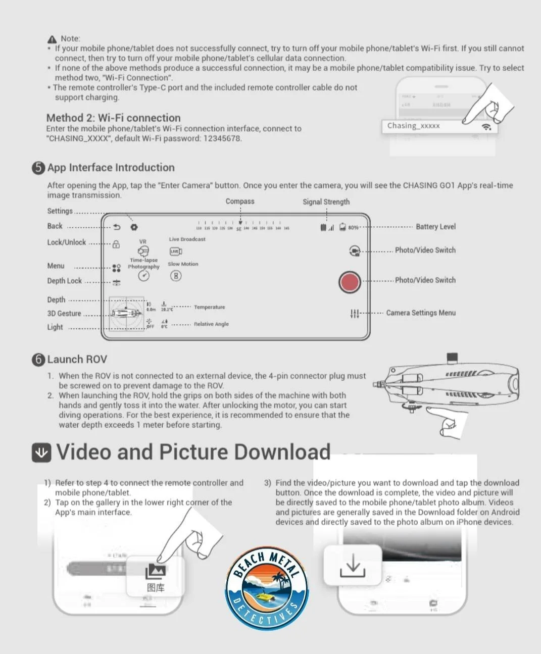 Instruction sheet showing Wi-Fi connection setup, app interface with camera controls, launching ROV, and downloading videos, with a Beach Metal Detectives logo at the bottom.
