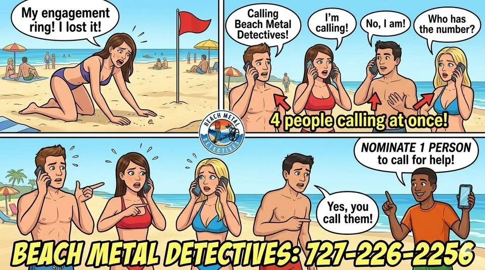 Beach scene with a woman in the sand holding her engagement ring, calling beach metal detectives on her phone after losing her ring. Four people calling simultaneously, two women and two men, are shown also on their phones, trying to identify who has the number to report. The bottom banner reads 'Beach Metal Detectives: 127-226-2256' to call for help.