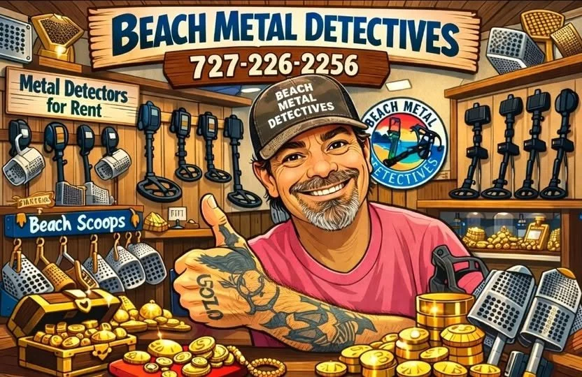 A smiling man with tattoos wearing a cap that says 'Beach Metal Detectives', standing behind a counter with gold coins and metal detectors, in a store called Beach Metal Detectives.
