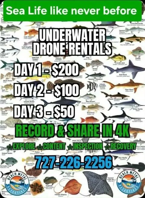 Promotion for underwater drone rentals with a background collage of various fish, detailed rates for first three days, contact number, and logos for Beach Metal Detectives