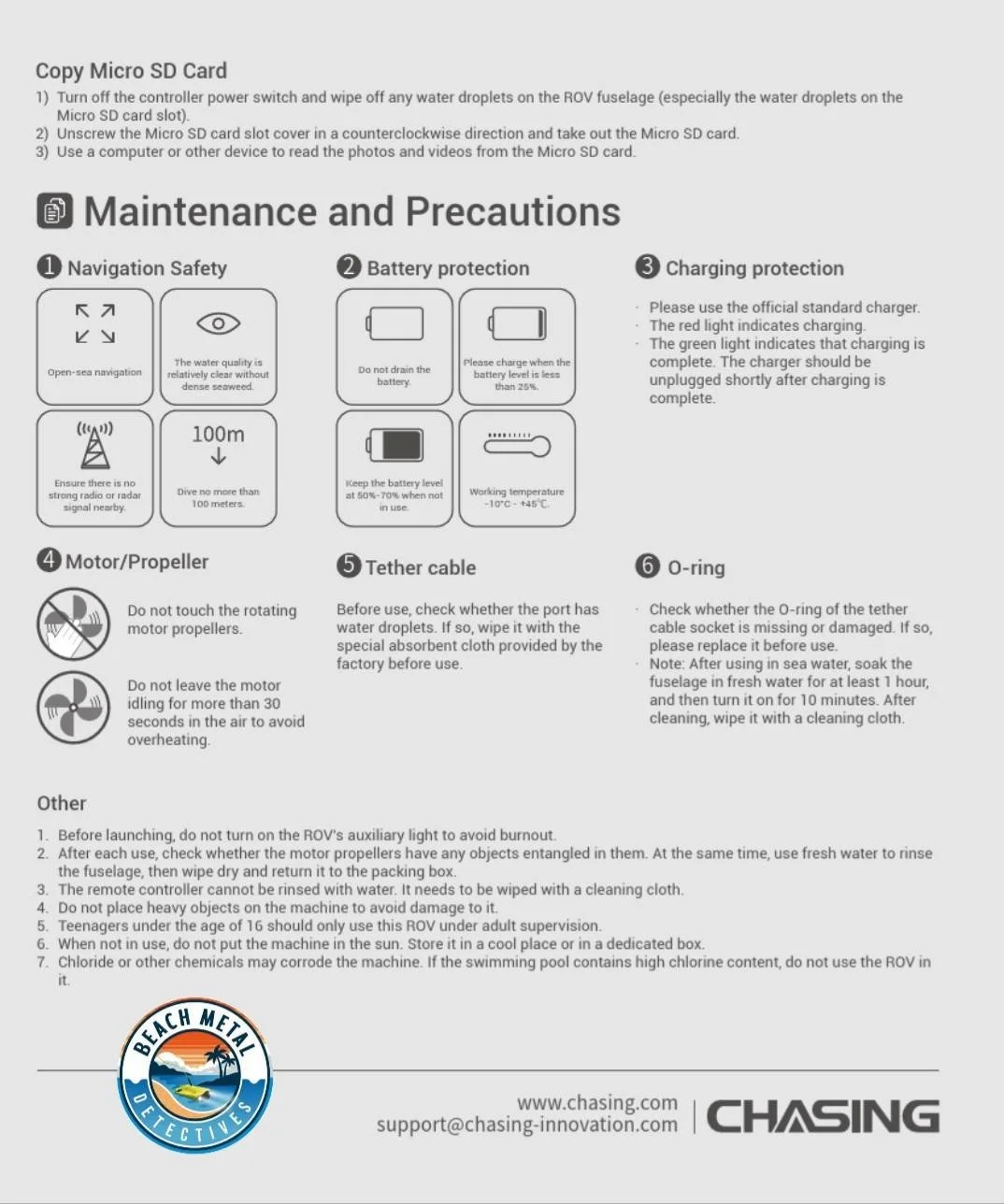 Instruction sheet for copying a micro SD card and maintenance precautions, including navigation safety, battery protection, charging protection, motor and tether cable handling, and O-ring checks, with logos of Beach Metal Detectives and Chasing.