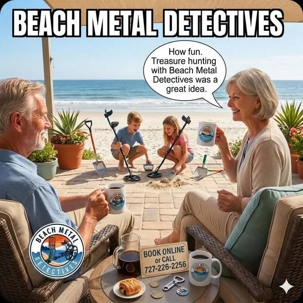 Two elderly people sitting on a porch talking about beach metal detecting while two kids dig in the sand on a beach in front of them. The porch has potted plants, and there's a table with coffee mugs, a donut, and a sign for booking online or calling a phone number. The sky and ocean are in the background.