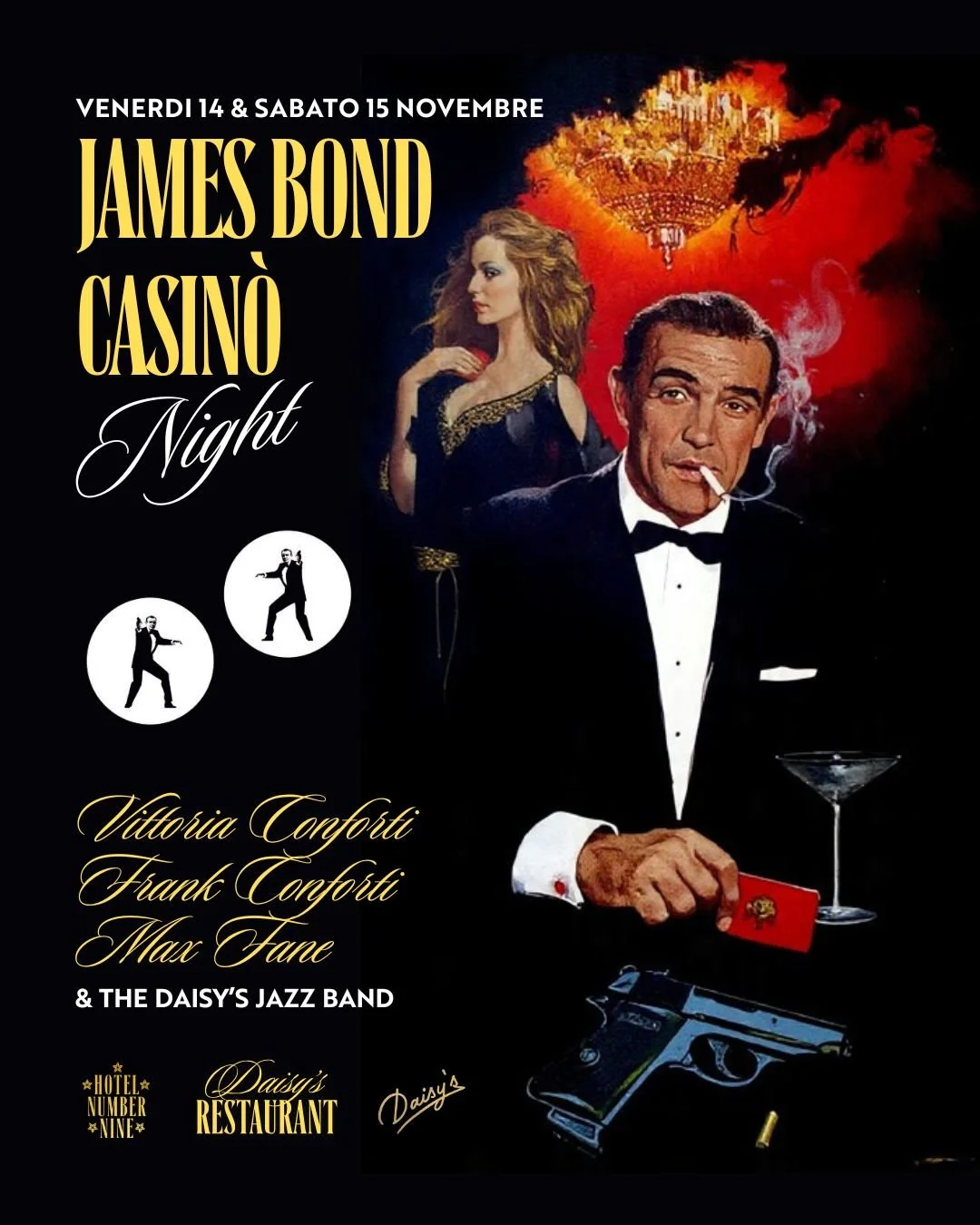 Siete pronti per un weekend iconico a tema James Bond?? 🖤

Martini. Tavoli da casin&ograve;. Le colonne sonore pi&ugrave; leggendarie di 007 eseguite dal vivo da Frank &amp; Max, Vittoria Conforti e The Crazy Daisy&rsquo;s Jazz Band.

📅 14 &amp; 15