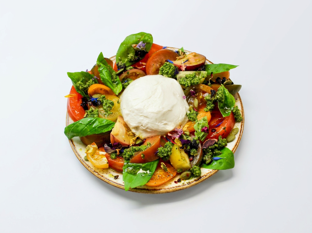 bright and colourful vegan tomato Salad with herbs and pesto topped with vegan mozzarella for catering