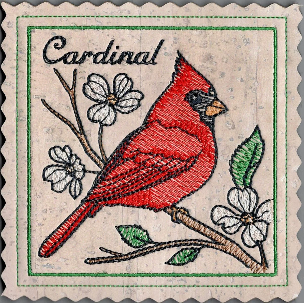 Colorful Cardinal Embroidered Cork Coasters