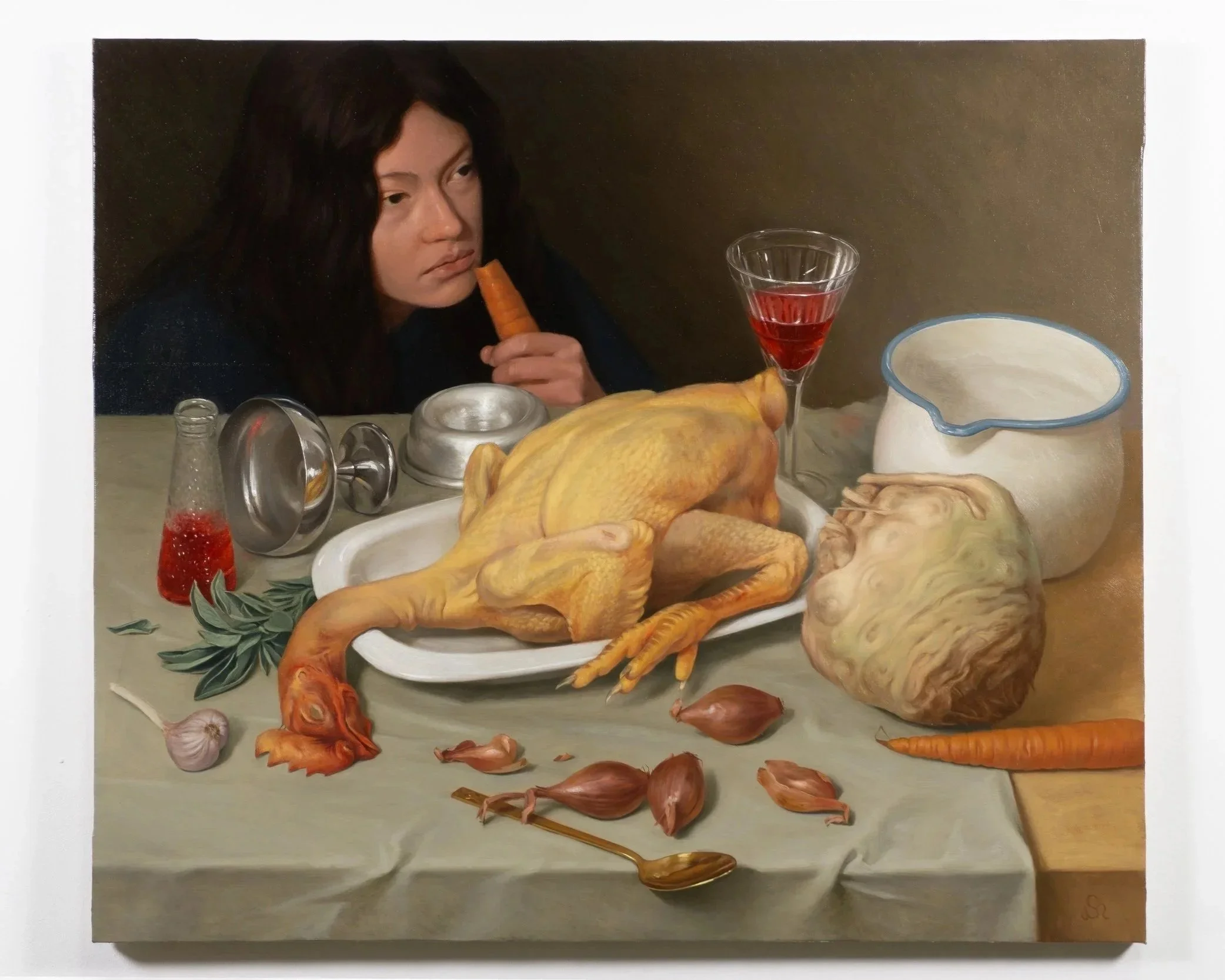 Still Life with Chicken and Celery Root, 2026. Oil on canvas — 60 x 70 cm