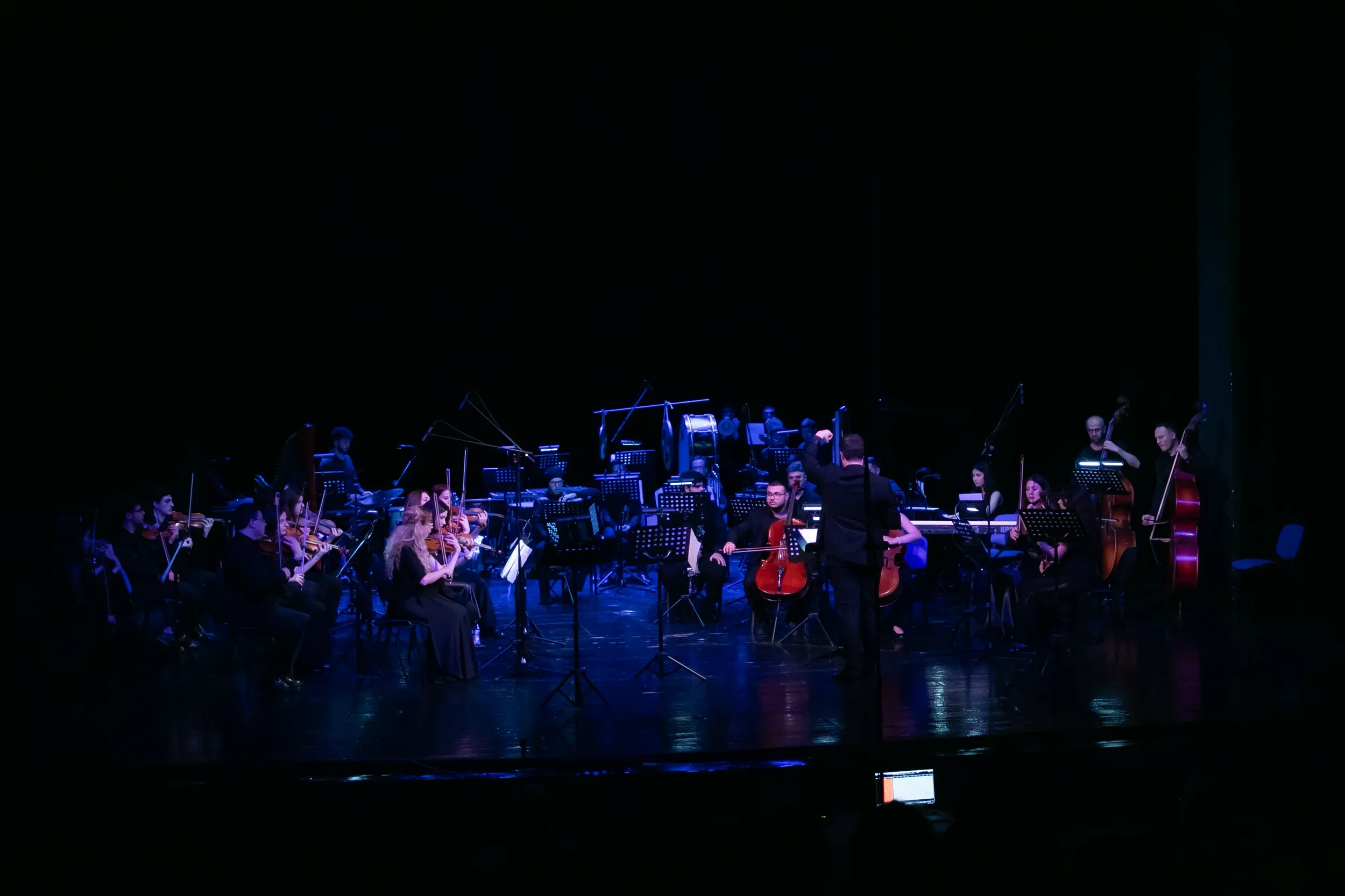 Orchestra performing on stage with string, woodwind, brass, and percussion instruments, conducted by a conductor.
