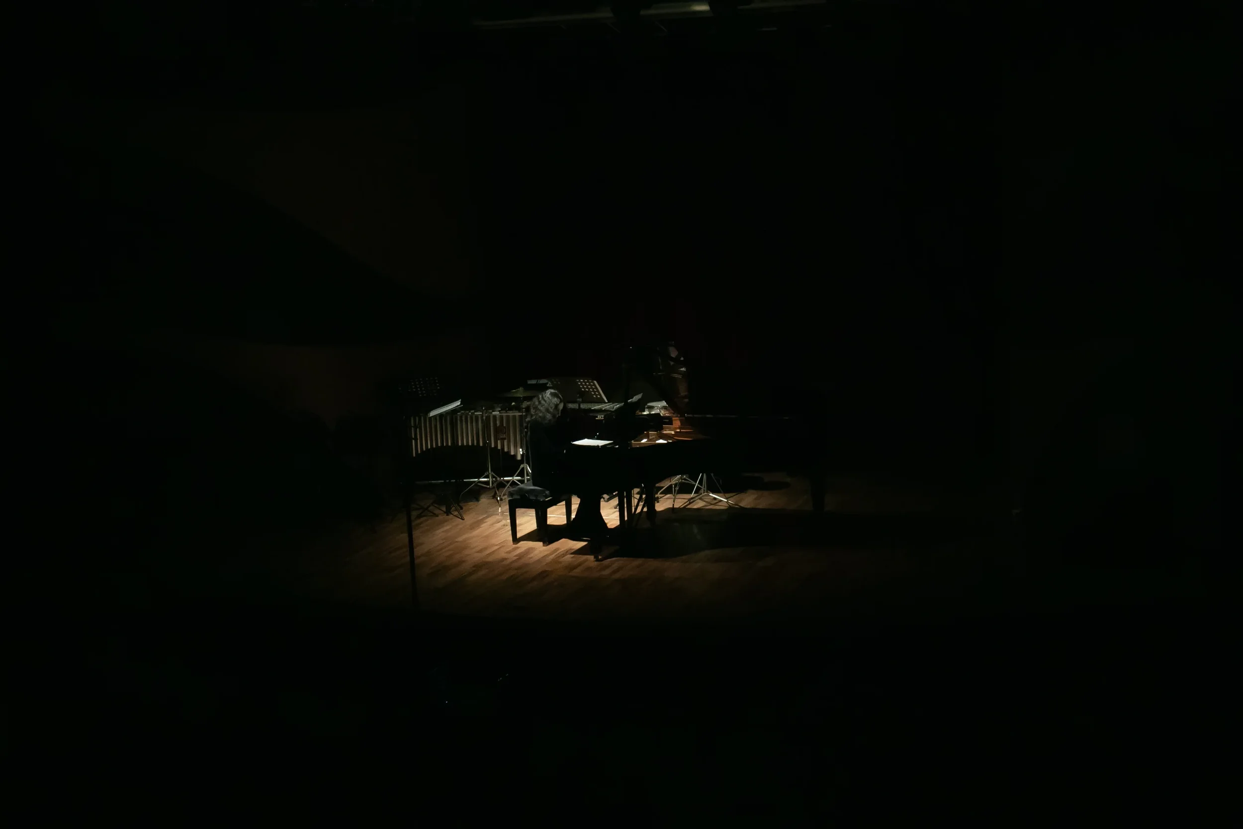 A person playing a grand piano on a dimly lit stage with a wood floor.