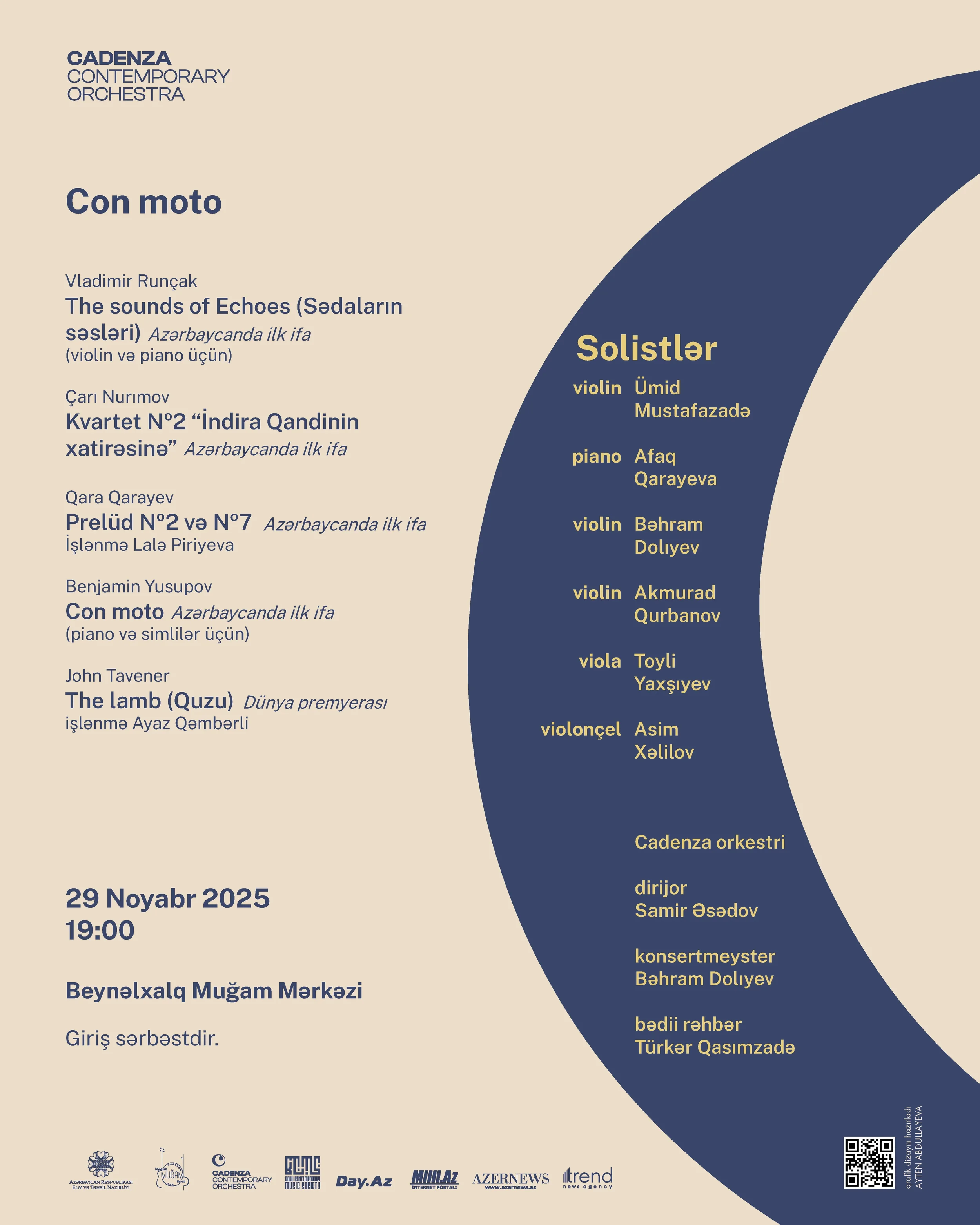 Event poster for the Con Moto Concert Baku Contemporary Music Society, scheduled for November 29, 2025, with a dark purple logo and text on a white background, featuring a diagonal gray banner in the bottom left corner that says "Upcoming Soon."